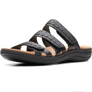 Clarks Black tooled leather adjustable velcro straps cushioned walking sandals